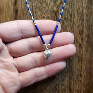 18 Inch 925 Sterling Silver Small Heart And Blue Cylinder Stones Necklace